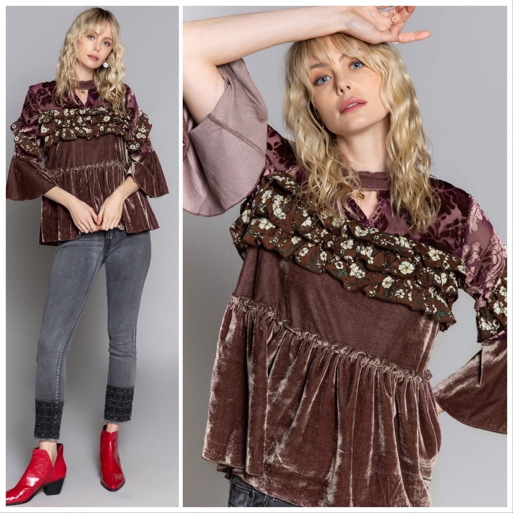 Cocoa Velvet & Bell Sleeves Ruffle Top - Picture 5 of 9